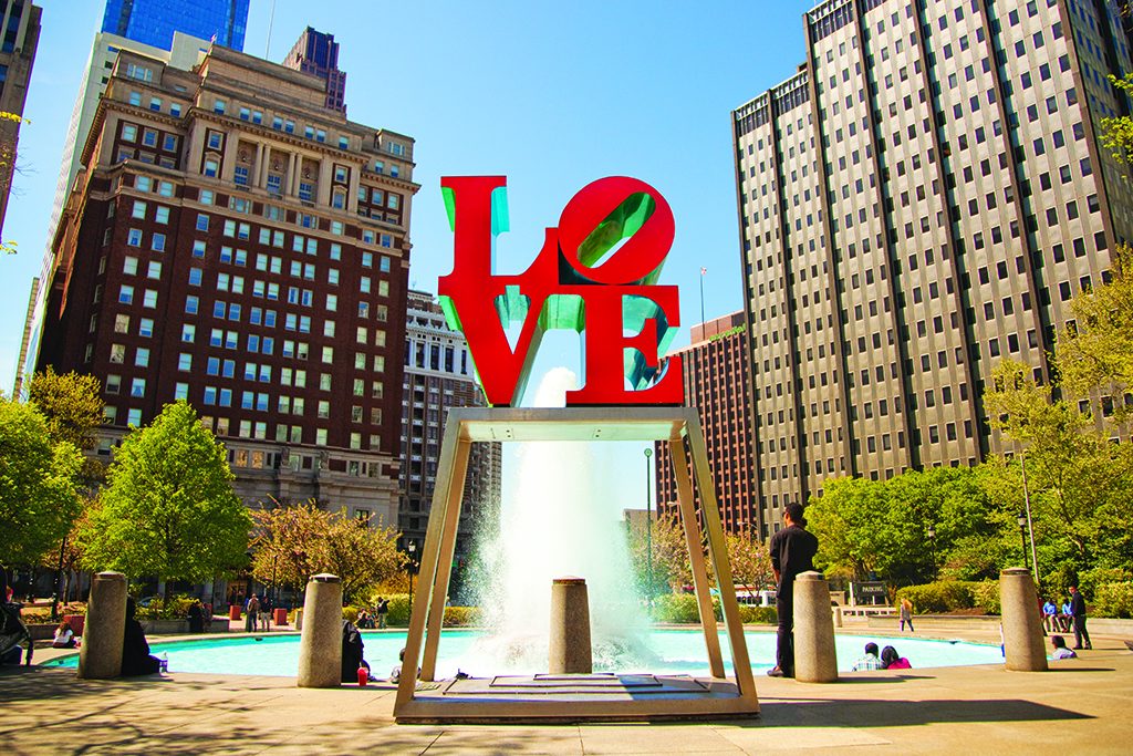 One of the City of Brotherly Love’s best-known landmarks is the Love sculpture by artist Robert Indiana. The icon resides in JFK Plaza—more commonly known as Love Park—near City Hall and at the base of the Benjamin Franklin Parkway. Built in the 1960s, this mixed-use urban space welcomes businesspeople on their lunch breaks and visitors who want to capture a signature Philly picture.